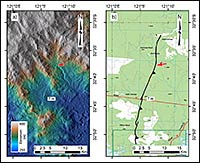 Figure 2: Lake Johnston scarp. (a) Shuttle Radar Topography Mission DEM.Red arrow marks the scarp. (b) Trace of the scarp with tick marks on the high side