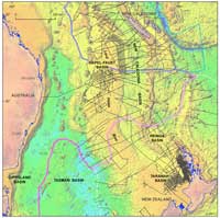 Location of the Tasman Frontier region showing the coverage of reflection<BR> seismic data included in the Tasman Frontier Geophysical Data Base. Copyright Geoscience Australia 2012