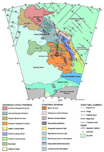 Image depicting the tectonic provinces and structural elements of the Kergeulen Plateau. 