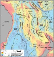 Location map showing the bathymetry and main geological features of the Tasman Frontier region