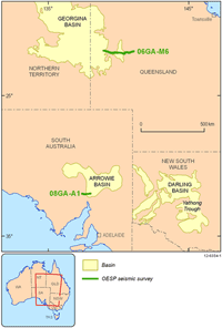 Fig 1. Map showing the locations of seismic lines 08GA-A1 across the Arrowie Basin in South Australia and 06GA-M6 across the Burke River Structural Zone in Queensland.