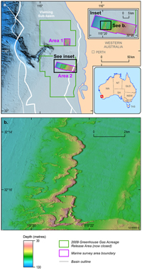 Fig 1a. Location of study areas (Areas 1 and 2) on the Rottnest Shelf, Western Australia showing the offshore 2009 Greenhouse Gas (GHG) acreage release areas (now closed, green boxes); b. Sampling stations, Area 2, southwest of Rottnest Island. Large parabolic ridges (sites of rhodolith accumulation) rising up to 10 m above the seabed, and individual mounds (also locations of rhodolith accumulation) at water depths of 80–85 m on the outer margins of Rottnest Shelf are also shown.