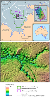 Fig 1a. Location of survey areas in the Petrel Sub-basin, northwestern Australia. Former Greenhouse Gas acreage release areas (released in 2009 and now closed) are also shown. 1b. High-resolution false-colour bathymetry image of the southern acquisition area c., showing palaeo-channels (valleys).