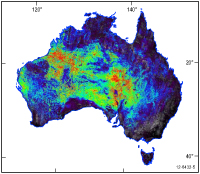 Fig 1. National ASTER map measuring the broad content of silicates. The red areas indicate a high content and the blue areas indicate a low content.