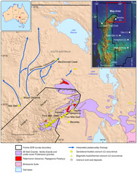 Fig 1. The map shows the solid geology of uranium-bearing granites of the Mount Painter and Mount Babbage inliers (Mt Neill and Yerilla granites) and known uranium occurrences (from SARIG), major lakes and interpreted palaeovalley/palaeochannel courses overlain on a digital elevation model of the region. The uranium-bearing granites outcrop in the northern Flinders Ranges, but occur under cover elsewhere. The inset map shows the location of the Blanchewater area and the Frome AEM Survey.