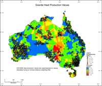 Map of Australia showing granite heat production values. This will assist in identifying areas of highest potential for geothermal energy in Australia.