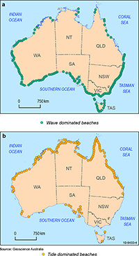 Figure 1a showing distribution of wave-dominated beaches occuring around the southern half of Australia. Figure 1b showing distribution of tide-dominated beaches around the northern half of Australia.</p>