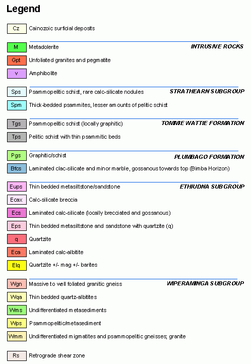 Detailed legend for geology polygons in the GIS. GA2133.