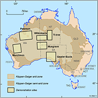There are 6 demonstrate sites chosen in South Australia, Western Australia and the Northern Territory, with the following coordinates:
Paterson: 19-09-55.34 S; 112-05-04.74 E, covering approximately 250 square kilometers.
Murchison: 19-09-55.33 S; 112-35-04.73 E, covering approximately 250 square kilometers.  
Wilkinkarra: 19-19-55.33 S; 112-30-04.74 E, covering approximately 250 square kilometers.
Ti-tree: 19-29-55.34 S; 112-30-04.74 E, covering approximately 250 square kilometers. 
Musgrave: 19-29-55.34 S; 112-30-04.74 E, covering approximately 250 square kilometers.  
Gawler-Euclas: 19-29-55.34 S; 112-30-04.74 E, covering approximately 250 square kilometers.