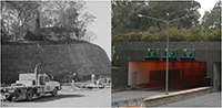 Photograph on the left shows a hill cutaway with a truck and construction workers. Photograph on the right shows a road going into a tunnel.