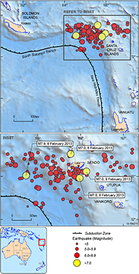 Map of the Santa Cruz Islands, located between 164-167 east and between 10-12 degrees north, showing 4 major earthquakes:
1. M7.9, 6 February 2013, approximately 120 km west of Lata.
2. M7.0, 6 February 2013, approximately 25 km north of Lata.
3. M7.0, 8 February 2013, approximately 36 km south of Lata.
4. M7.0, 8 February 2013, approximately 35 km southeast of Lata.
Also shown are approximately 120 earthquakes from magnitude 4.7-6.7 in the area from late January to late February 2013.