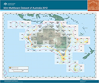 Map of Australia, including offshore boundaries showing all of the available 50 metre Multibeam Bathymatry Datasets.