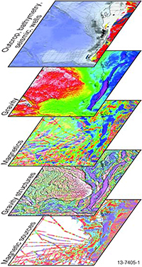 Series of geophysical datasets – gravity, magnetic and bathymetry dataset images.