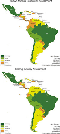The figure summarises the known mineral resources and the mineral industries as assessed for each assessed country on two colour-coded maps of the Latin American region. The assessments of mineral resources and mineral industry are ranked from zero to four, with zero representing no data, and one to four representing very large to minor resources or mineral industries, respectively. These maps show that many South American countries are well endowed with mineral resources and have strong minerals industries, particularly Brazil, Mexico, and Chile. The mineral resources of the Caribbean island nations are much more limited and their minerals industries are, in most cases, not well developed.