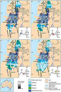 Figure 1a: Palaeogeographic map for the end of Sequence 1 high stand systems tract, showing the initial extent of the prograding deltaic system building out into the northern and southern depocentres of the Vlaming Sub-basin. Figure 1b: Palaeogeographic map for the end of Sequence 2 falling stage systems tract, showing further progradation (regression) of the deltaic system building further into the basin, with the shore line moving basinward by approximately 14 kilometres in the south and 10 kilometres in the north.Figure 1c: Palaeogeographic map for the end of Sequence 2 lowstand systems tract showing the maximum shoreline regression of approximately 20 kilometres in the southern depocentre and 18kilometres in the northern depocentre. Figure 1d: Palaeogeographic map for the end of Sequence 2 transgressive systems tract, showing transgression (backstepping) of the shoreline by approximately 20 kilometres in both the southern and northern depocentres.