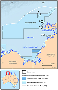 Figure 1: This figure shows a map of the four study areas in the Joseph Bonaparte Gulf, Van Diemen Rise with outlines of the Commonwealth Marine Reserves.