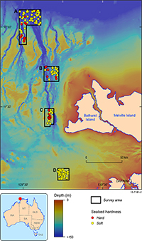Figure 2: This figure shows a map of the bathymetry from the Joseph Bonaparte Gulf, Van Diemen Rise, highlighting Geoscience Australia's survey areas and locations of where underwater video was collected and analysed for seabed substratum type.