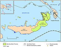 Figure 1: This figure shows the main geological features of the East New Britain Province in Papua New Guinea. New Ireland lies to the northeast of the New Britain island. The New Britain Trench lies to the southeast of the New Britain island, dipping to the northwest in the section closest to East New Britain. The Bismarck Sea Seismic Lineation lies to the north of New Britain, within the Bismarck Sea and is inferred to be an offshore extension of the Weitin Fault that trends in a northwest-southeast direction as it crosses the southeast part of New Ireland. The northeast end of New Britain is bisected by several major faults including the Wide Bay Fault, which trends in a northwest-southeast direction. The figure also shows the location of volcanoes in the region.