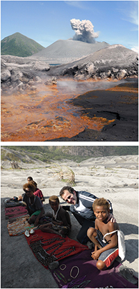 Figure 2: This figure includes two photographs highlighting the volcanic ash hazard in East New Britain. The top photograph is of an eruption of Tavurvur volcano during a visit on 11 August 2013, the view includes the geothermal region of the bay in the foreground. Photo courtesy of Victoria Miller of Geoscience Australia. Figure 2 continued: This photograph shows Hadi Ghasemi of Geoscience Australia with some local children on a beach of volcanic ash, taken on 11 August 2013. Photo courtesy of Victoria Miller of Geoscience Australia.