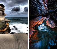 Two winning photographs on left is Overall winner Peter Powers image of a coastal rock formation on an overcast day at Coogee Bay in New South Wales and on the right Mieke Boynton’s People’s Choice winner image of water flowing through a cave depicting the layered sedimentary rock formation, Western Australia.
