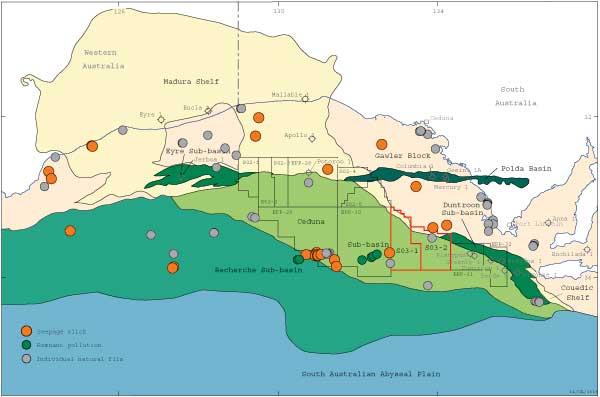 Map showing SAR interpreted seepage locations in the Bight Basin. 