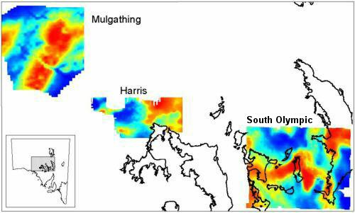 New gravity surveys over Mulgathing, Harris and Olympic South.