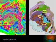 TMI image of the Gawler Craton and simplified geological map outlining areas of research - click to enlarge (80 KB).