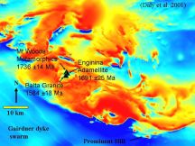 Mt Woods Inlier TMI image with summary of existing geochronology results - click to enlarge (69 KB).
