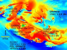 Mt Woods Inlier TMI image with summary of new geochronology results from this work - click to enlarge (77 KB).