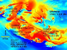 Mt Woods Inlier TMI image with summary of new geochronology results from this work - click to enlarge (76 KB).
