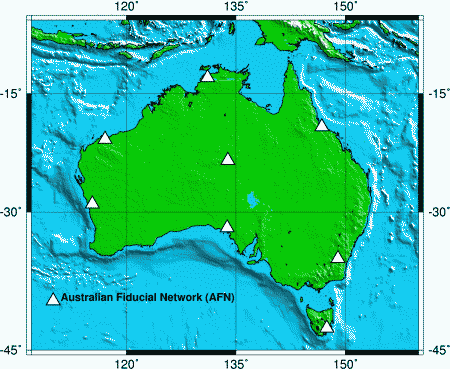 Map of Australia showing AFN station positions as white triangles