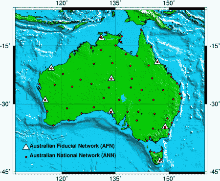 Location of Australian National Network (ANN) stations. Blue dots are the Australian Regional GPS Network (ARGN) stations and the red triangles are the ANN stations 