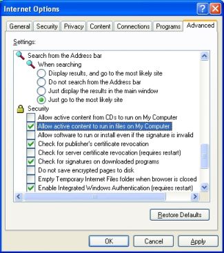 Screenshot of allow active content in IE6