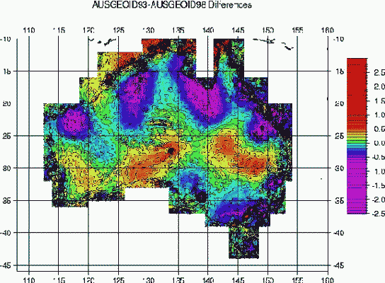 AUSGeoid93 and AUSGeoid98 differences shown in colourful map