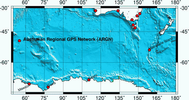 Antarctica ARGN Tracking Sites showing Mawson, Casey, Davis, Macquarie Island