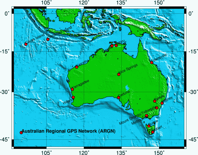 Red dots on map showing locations of Australian Regional GPS Network-ARGN- permanent geodetic quality GPS receivers on geologically stable marks