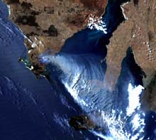 Image of the bushfires approaching Port Lincoln, SA 11/01/2005. &copy; Geoscience Australia.
