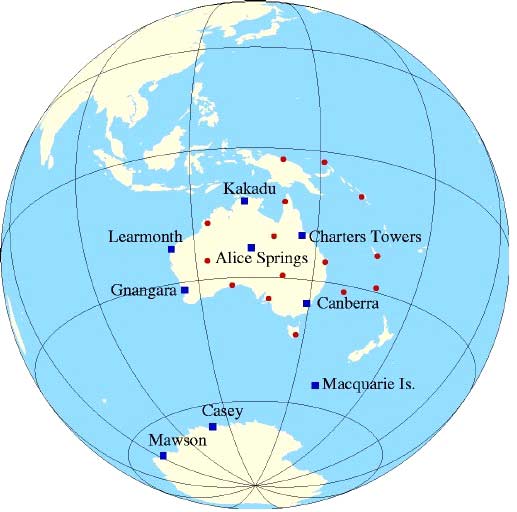 The Geoscience Australia network of geomagnetic observatories (Blue) and repeat stations (Red)