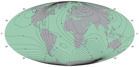 Figure 2. Declination isogons derived from the IGRF-10 model for epoch 2005.0.