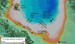 Click to see larger map showing coral reefs identified in Gulf of Carpentaria. &copy; Geoscience Australia