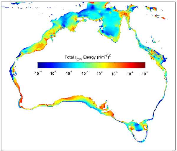 Total energy of the force experienced on the seabed as a result of surface ocean waves, tides and other ocean currents