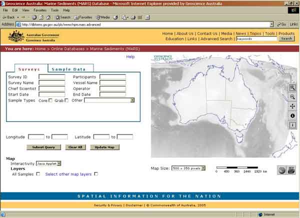 Front page of Geoscience Australia's on-line relational national marine samples database