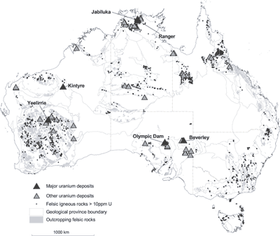 Fig 3. Australian uranium deposits in relation to occurrences of felsic igneous rocks.