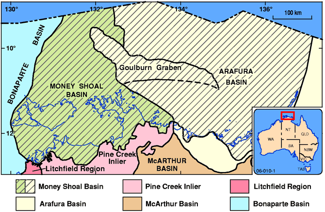 Schematic map of the Arafura Basin showing sub-basin boundaries and depth to base of Arafura Basin sequence