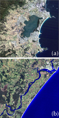 Fig 2. Satellite images of  (a) an immature estuary and (b) a river dominated estuary.