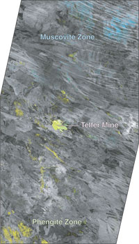 Fig 4. Combined phengite (yellow) and muscovite (blue) mineral maps draped over grey-scale 1 ASTER image.