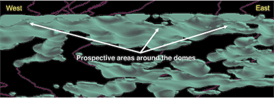 Fig 5. Perspective view looking north from underneath the geologically constrained gravity inversion (green volume).