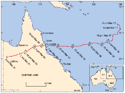 Fig 1. Tropical Cyclone Larry track (Bureau of Meteorology, 2006).
