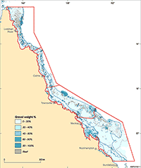 Fig 2. Map of the % gravel weight concentration in sediment.