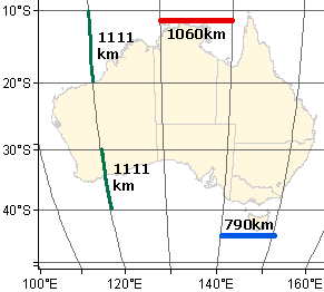 Picture showing length of longitude at different locations in Australia